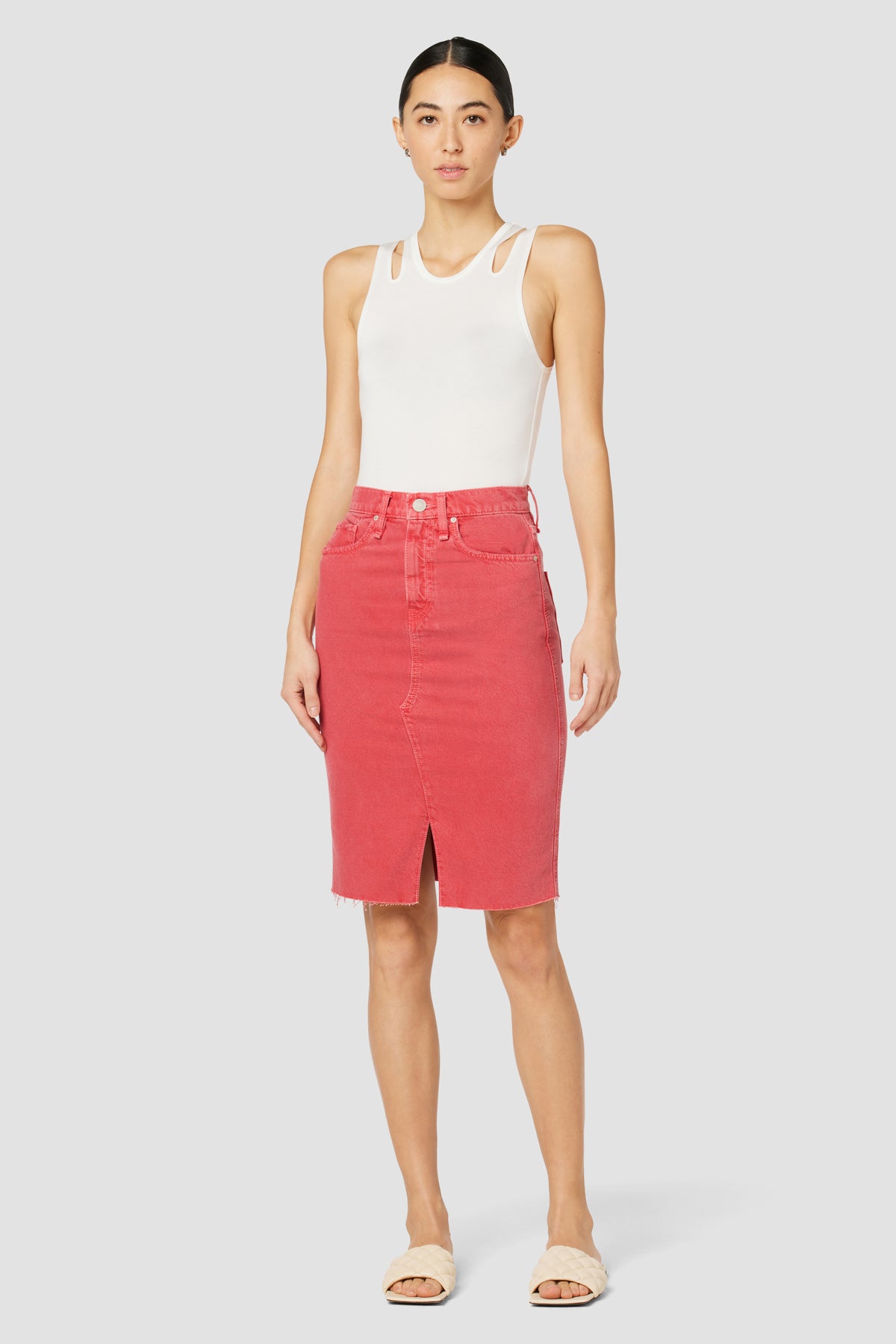 Red denim deals midi skirt
