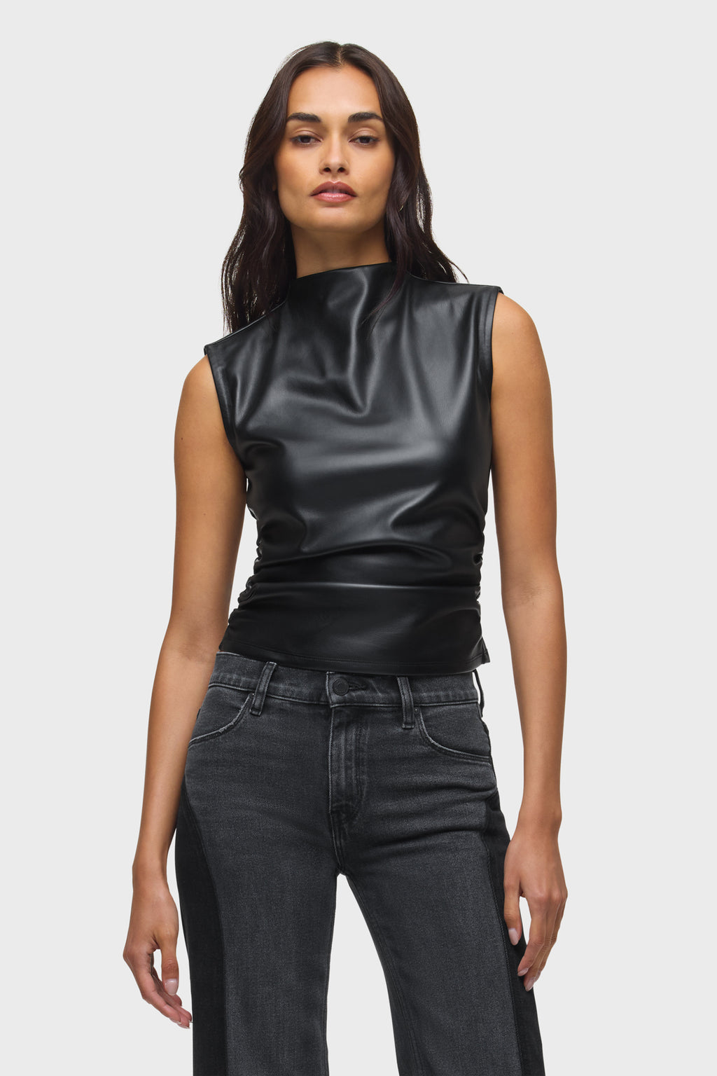 Vegan Leather Top W Side Seam Ruching