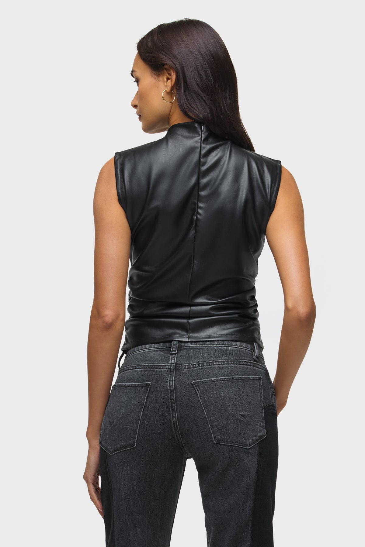 Vegan Leather Top W Side Seam Ruching | Premium Italian Fabric