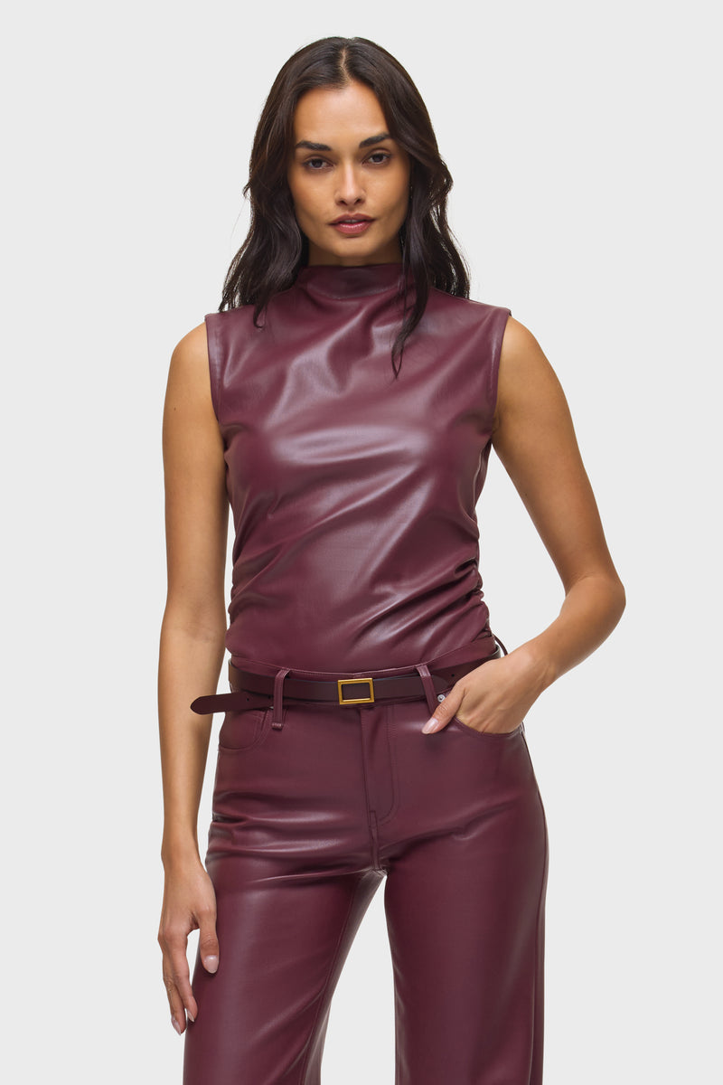 Vegan Leather Top W Side Seam Ruching