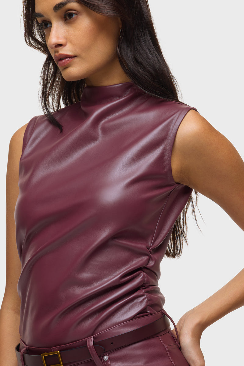Vegan Leather Top W Side Seam Ruching